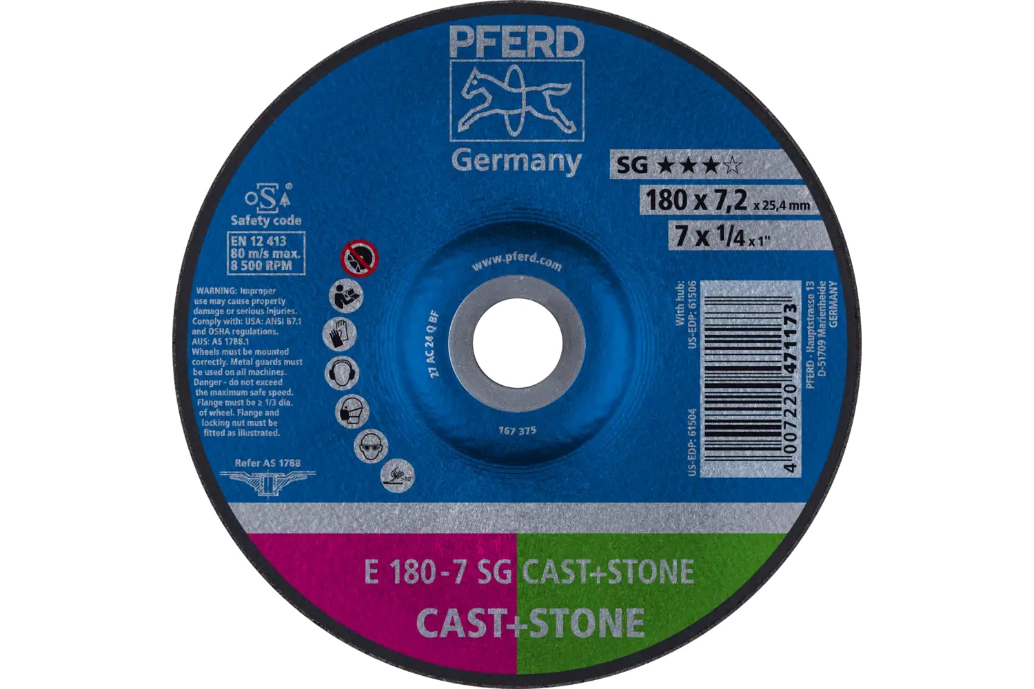 Picture of Pferd Grinding Wheel, 7" X 1/4 X 7/8, Sg Cast+Stone, T27, Ao, Sic